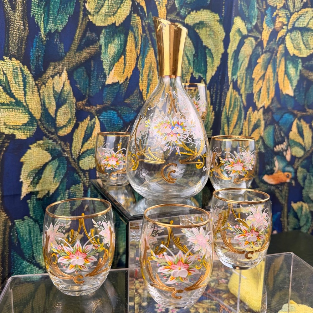Bardini Ensminger Murano 2006‎ Hand Painted Gold Floral  Decanter & 6 Glasses